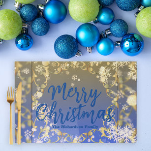 Elegant Blue Gold Merry Christmas Paper Placemat