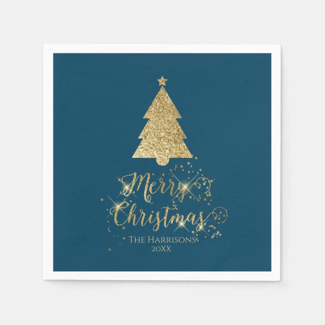 Elegant Blue Gold Merry Christmas Sparkle  Napkins (Front)