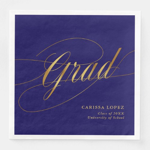 Elegant Blue  Gold Minimalist Grad Calligraphy Paper Dinner Napkins