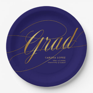 Elegant Blue & Gold Minimalist Grad Calligraphy Paper Plates