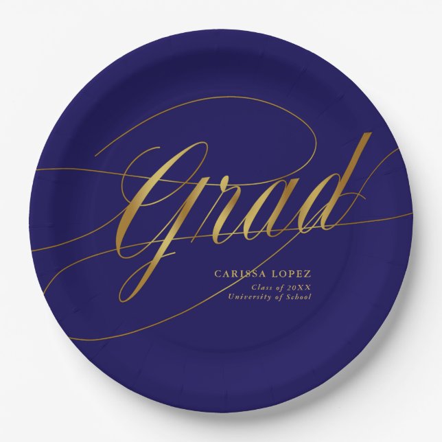 Elegant Blue & Gold Minimalist Grad Calligraphy Paper Plates (Front)