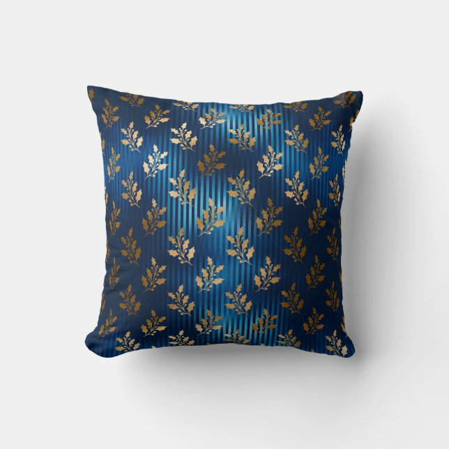 Elegant Blue Gold Mistletoe Gold Glitter Chic Throw Pillow (Front)