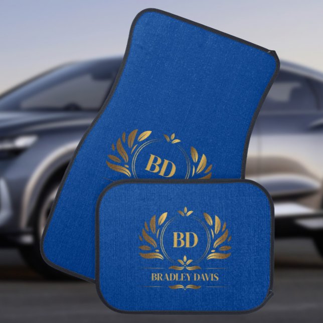  Elegant Blue Gold Monogram and Name, Car Floor Mat (Creator Uploaded)