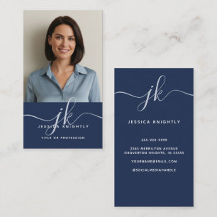 Elegant Blue Gold Monogram Script Initials Photo Business Card