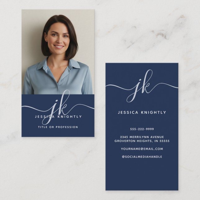 Elegant Blue Gold Monogram Script Initials Photo Business Card (Front/Back)