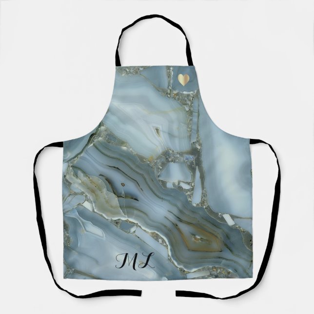 Elegant Blue Gold Monogrammed Apron with Heart (Front)