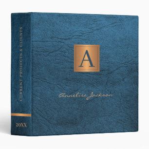 Elegant blue gold monogrammed modern script name 3 ring binder