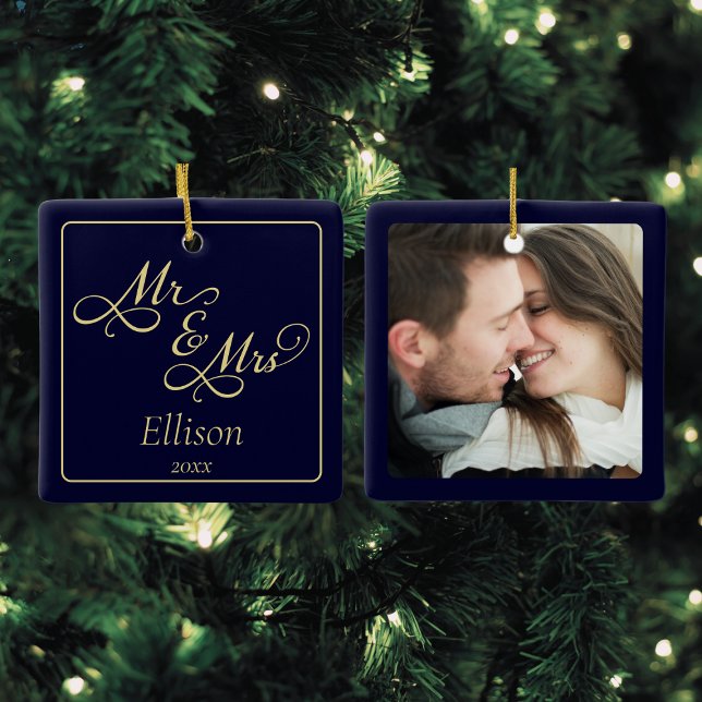 Elegant Blue Gold Mr and Mrs 1st Christmas Ceramic Ornament (Our first Christmas as a couple Christmas ornament, Mr and Mrs in script typography, custom photo)