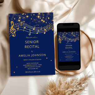 Elegant Blue Gold Music Senior Recital Invitation