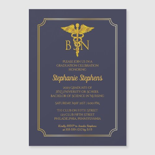 Elegant Blue  Gold Nurse BSN Graduation Party Inv Magnetic Invitation
