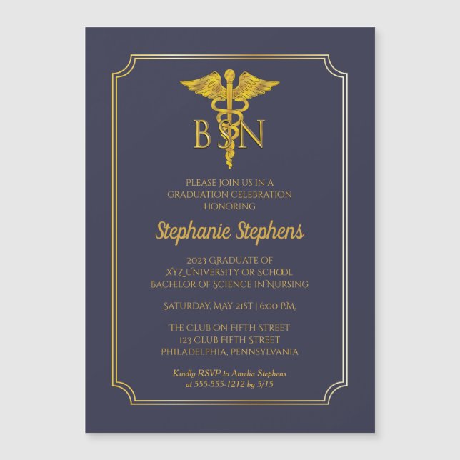Elegant Blue | Gold Nurse BSN Graduation Party Inv Magnetic Invitation (Front)