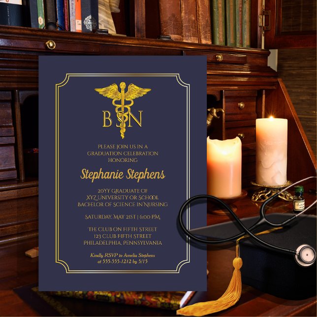 Elegant Blue | Gold Nurse BSN Graduation Party Inv Magnetic Invitation (Elegant Blue and Gold Tone Nurse "BSN" Graduation Announcement and Party  Magnetic Invitation )
