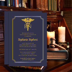 Elegant Blue Gold Nurse RN Graduation Party Invitation