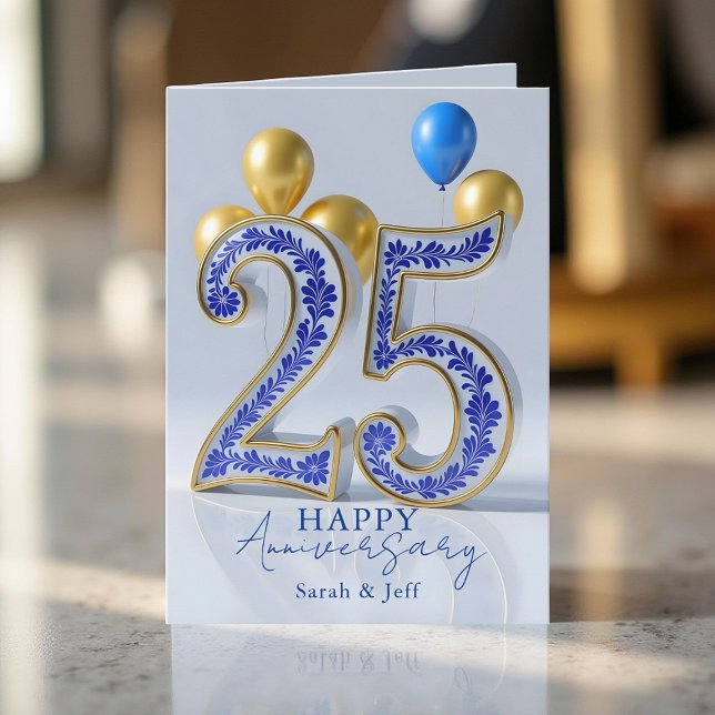 Elegant Blue Gold Ornate 25th Wedding Anniversary Card (Creator Uploaded)