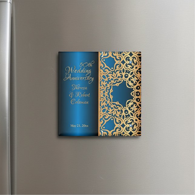 Elegant Blue Gold Ornate 50th Wedding Anniversary  Magnet (Creator Uploaded)