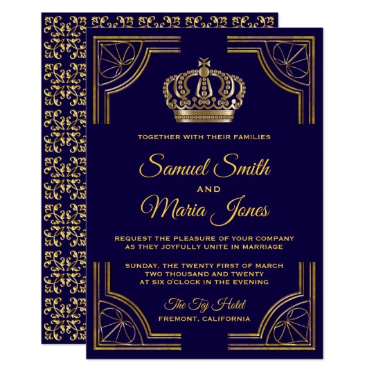 Elegant Blue Gold Ornate Crown Wedding Invitation