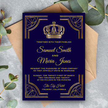 Elegant Blue Gold Ornate Crown Wedding Invitation by ShabzDesigns at Zazzle