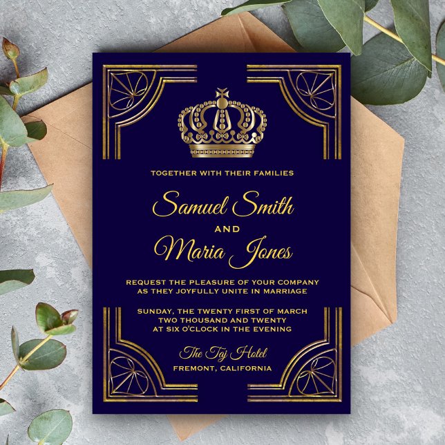 Elegant Blue Gold Ornate Crown Wedding Invitation (Creator Uploaded)