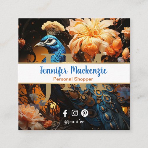 Elegant Blue Gold Peacock Square Business Card