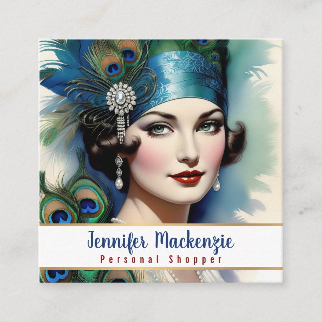 Elegant Blue Gold Peacock Woman Square Business Card (Front)