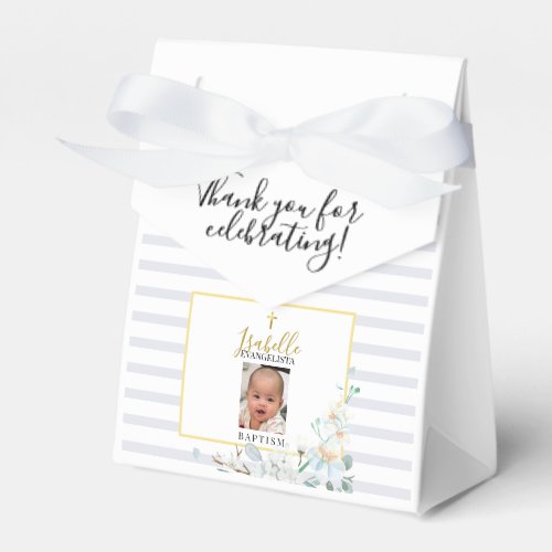 Elegant Blue Gold Photo Baptism Favor Boxes