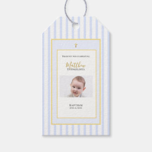 Elegant Blue Gold Photo Baptism Favor Gift Tags