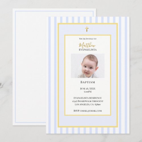 Elegant Blue Gold Photo Baptism Invitation