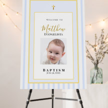 Elegant Blue Gold Photo Baptism Welcome Sign