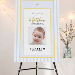 Elegant Blue Gold Photo Baptism Welcome Sign