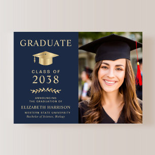 Elegant Blue Gold Photo College Graduation Announcement