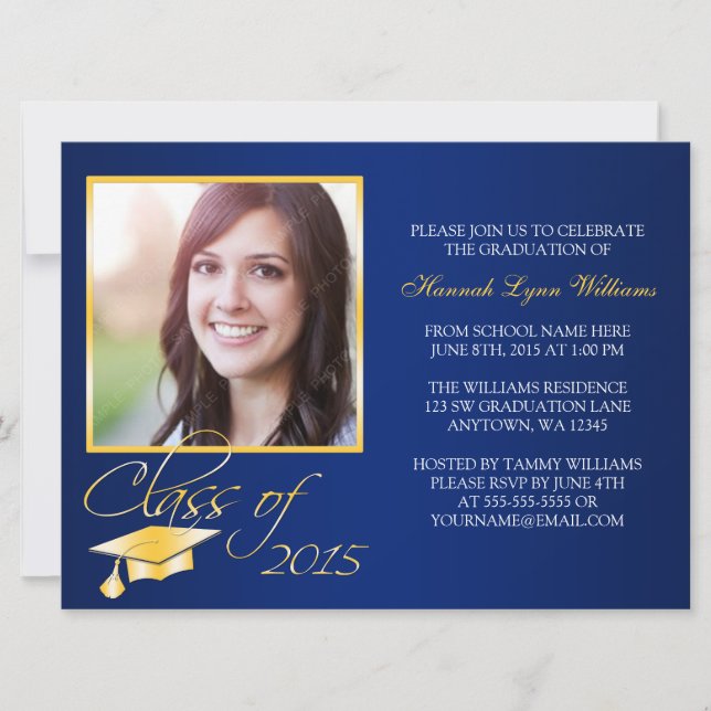 Elegant Blue Gold Photo Graduation Announcement (Front)
