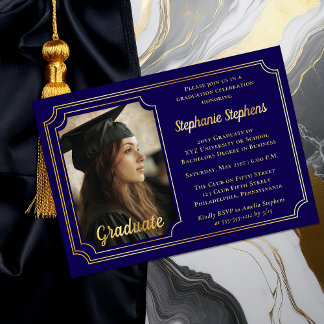 Elegant Blue & Gold Photo Graduation Party  Foil Invitation