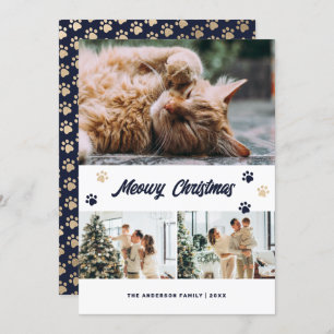 Elegant Blue Gold Photo Meowy Christmas Card