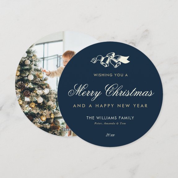 Elegant Blue Gold Photo Merry Christmas Card