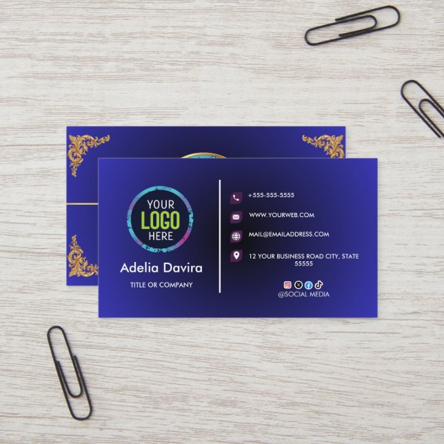 Elegant Blue Gold Professional Business Card (Front/Back In Situ)