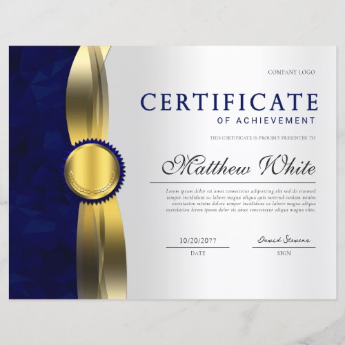 Elegant Blue  Gold Professional Certificate Award