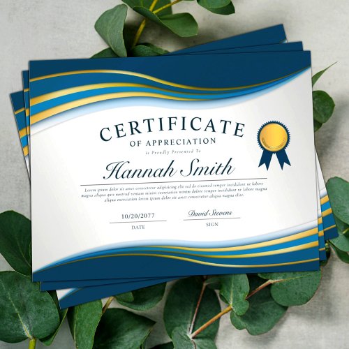 Elegant Blue  Gold Professional Certificate Award