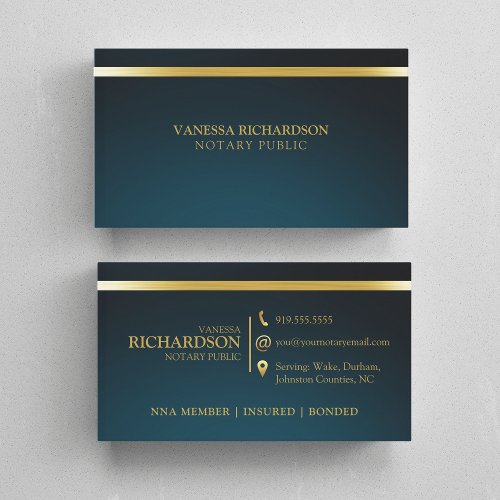 Elegant Blue  Gold Professional Notary Public Business Card