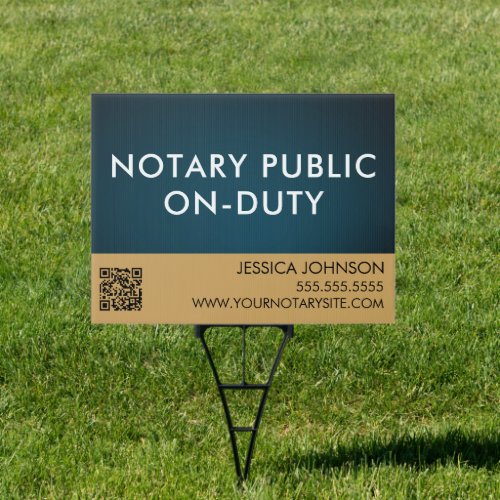 Elegant Blue  Gold QR Code Notary Public Yard  Sign