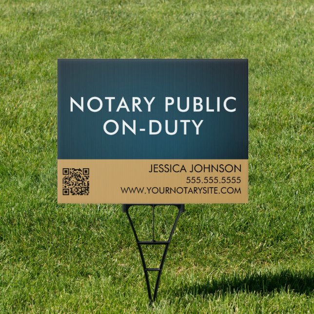 Elegant Blue & Gold QR Code Notary Public Yard  Sign (Insitu)