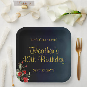 Elegant Blue Gold Red Floral 40th Birthday Party Paper Plates