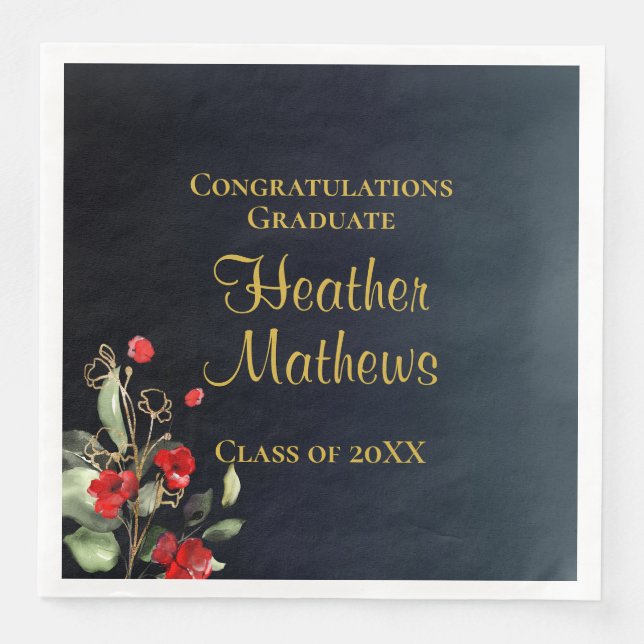 Elegant Blue & Gold Red Floral Graduation Party Paper Dinner Napkins (Front)