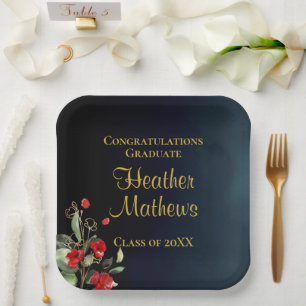 Elegant Blue & Gold Red Floral Graduation Party Paper Plates