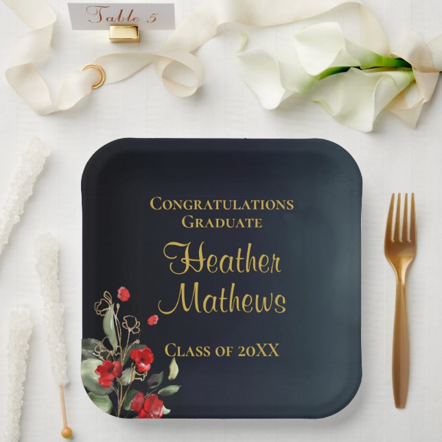 Elegant Blue & Gold Red Floral Graduation Party Paper Plates (Wedding)