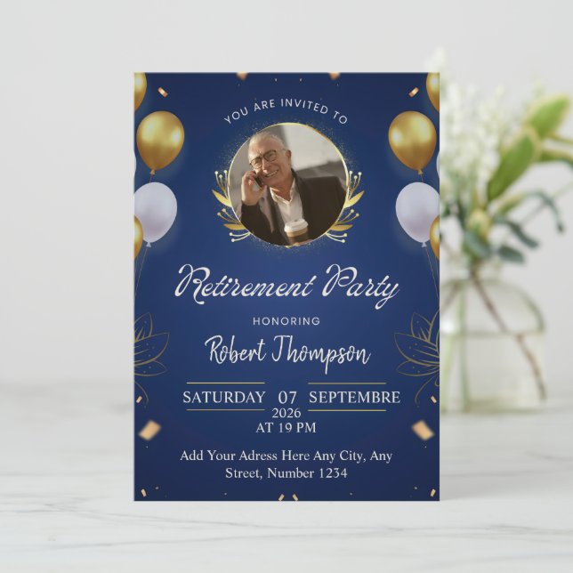 Elegant Blue Gold Retirement Party Invitation (Standing Front)