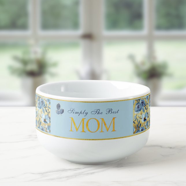 Elegant Blue Gold Rose Floral Simply the Best Mom Soup Mug (Creator Uploaded)