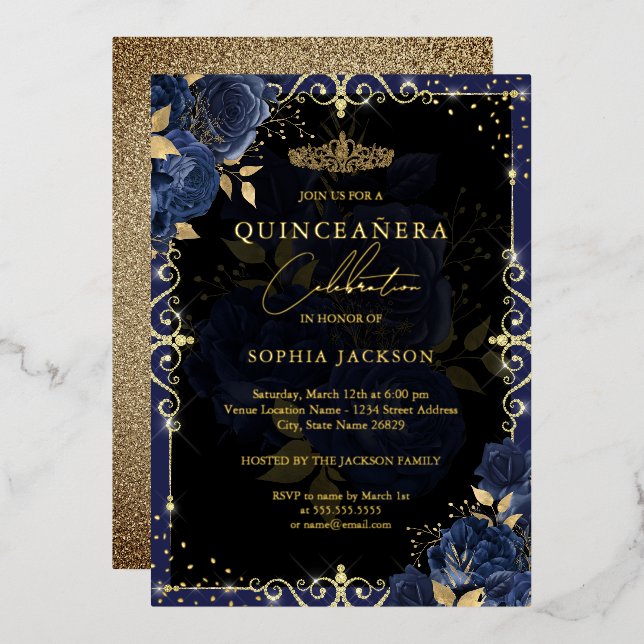 Elegant Blue Gold Rose Quinceanera Foil Invitation (Front/Back)