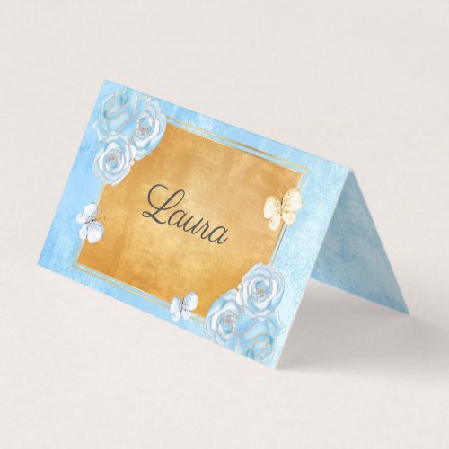 Elegant Blue Gold Roses Butterflies Place card