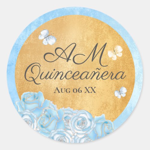 Elegant Blue Gold Roses Butterflies Quinceaera Classic Round Sticker