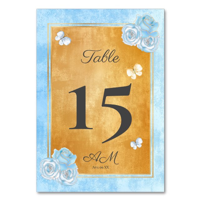 Elegant Blue Gold Roses Butterflies Quinceañera Table Number (Front)
